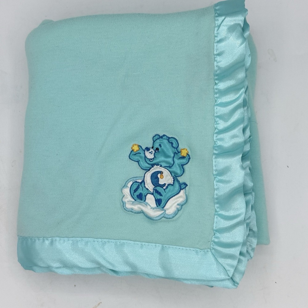 VTG Care Bears Bedtime Bear Baby Blanket Aqua Blue Satin Trim Ruffle 34x31
